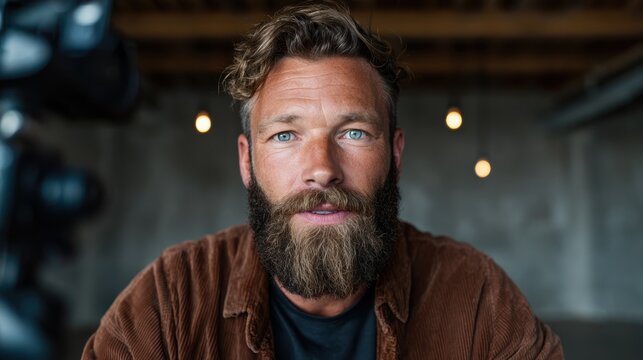 A close-up portrait of a confident man with a stylish beard and bright blue eyes, capturing the essence of charisma and warmth in a cozy caf&eacute; environment.