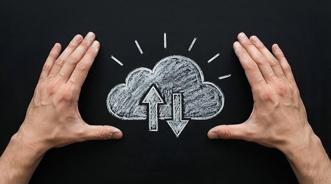 Two hands framing a white chalk of a cloud with upload and download arrows on a black chalkboard background