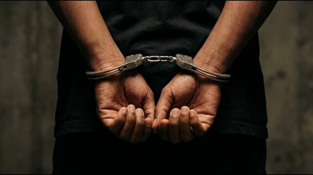 Close Up View of a Person with Dark Skin Tones Wearing a Black T shirt Handcuffed from Behind Hands Clasped Together Against a Dark Background