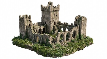 Fototapeta premium Detailed 3D model of ancient stone castle ruins on lush green base with towers