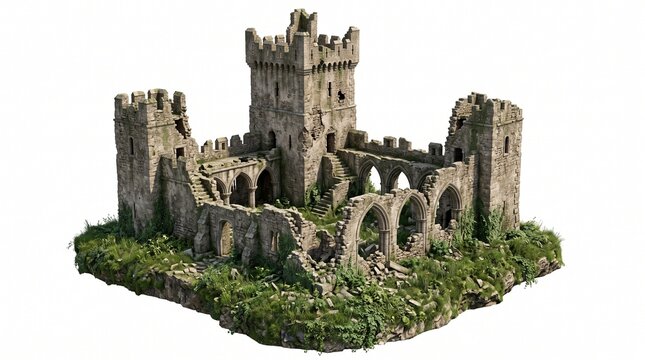 Detailed 3D model of ancient stone castle ruins on lush green base with towers