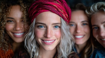 Obraz premium A joyful group of diverse women showcases their colorful scarves and bright smiles, reflecting friendship, unity, and the beauty of togetherness in a warm setting.