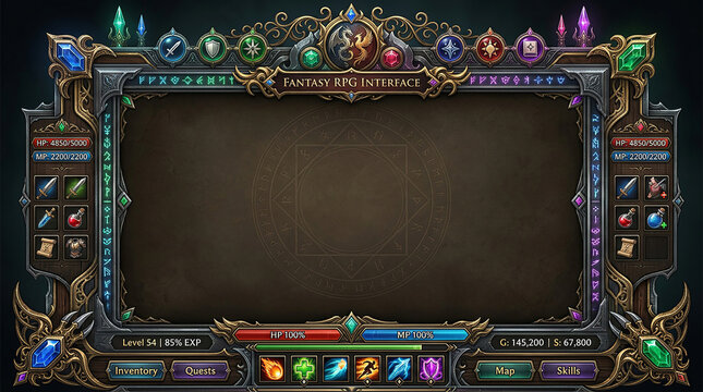 Fantasy RPG user interface with detailed inventory panels and glowing skill icons.