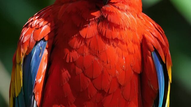 Close-up view of a vibrant red macaw parrot with blue and yellow wing feathers in bright sunlight