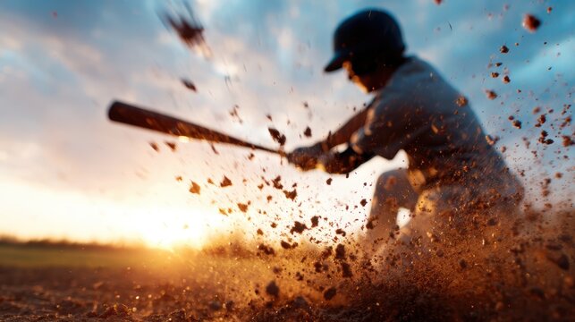 A baseball player caught in mid-swing, creating a dramatic motion effect with dust flying around, portraying the intensity and excitement of sports.