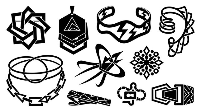 Set of jewelry silhouettes vector collection, modern fashion ornaments geometric pendant ring cufflink and necklace icon set isolated on white background
