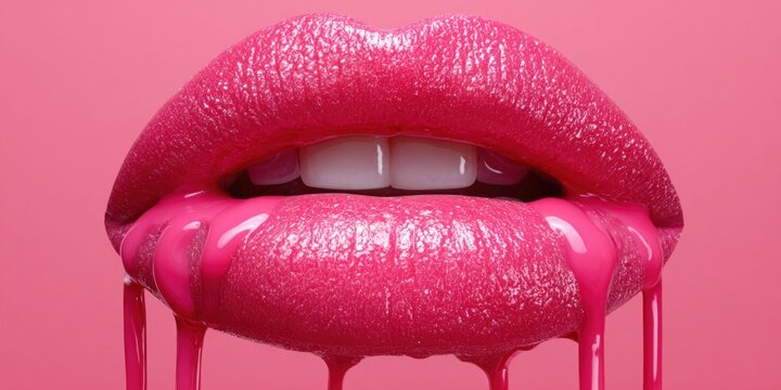 Vibrant pink lips with glossy texture dripping with pink liquid on a matching background