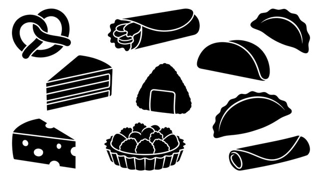 Set of food silhouettes vector collection, global snacks bakery items burrito taco pretzel cake and dumpling icon set isolated on white background
