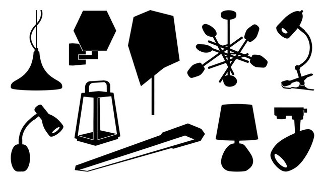 Set of lighting silhouettes vector collection, lamps light fixtures chandeliers and home illumination equipment icon set isolated on white background
