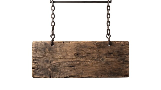 Old rustic wooden sign board hanging from metal chains isolated for advertising messages and store information