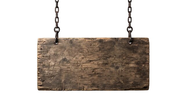 Old rustic weathered wooden signboard hanging from two black metal chains for information and shop display signs