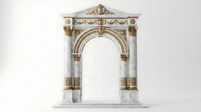 Decorative classical stone archway with intricate gold trim details and ornate architectural pillar columns