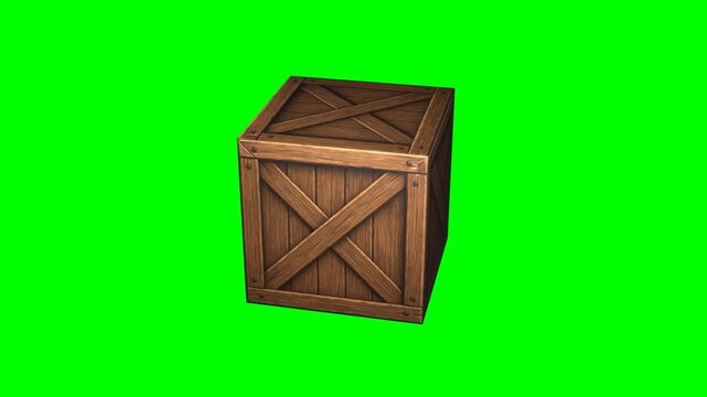 Seamless spinning wooden box isolated on green screen. A 3D motion graphic animation of a wooden crate box continuously rotating in a seamless loop, set against a solid green screen backdrop.