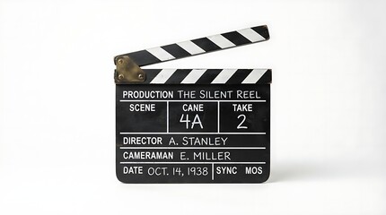 Naklejka premium Vintage movie clapperboard used for film production with written details about the scene and director in studio