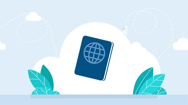 Blue international passport with flight tickets. Document for tourism and global journey concept. Boarding passe for world travel and summer vacation planning. 2d flat animation. Video