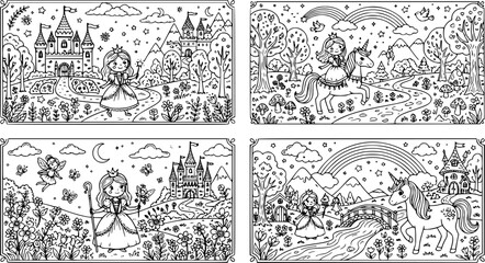 Fototapeta premium Black and white fairy tale scene vector collection, princess, unicorn, rainbow and magical fantasy landscapes for children's coloring pages