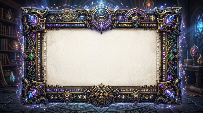 Magical fantasy frame with glowing arcane runes and mystical crystals in a dark library.
