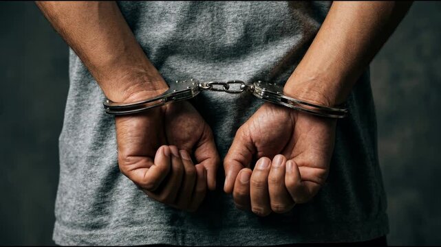 Close up of a Persons Hands Handcuffed Behind Their Back Symbolizing Arrest and Legal Consequences