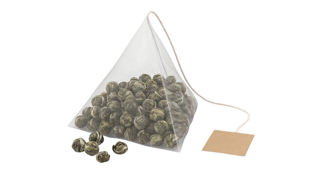 Pyramid tea bag with jasmine pearls, premium nylon mesh sachet for loose leaf tea, organic green tea balls with string and tag isolated PNG with Transparent Background