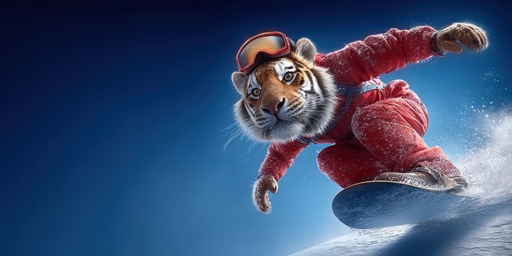 Siberian tiger in ski gear snowboarding down a snowy mountain slope