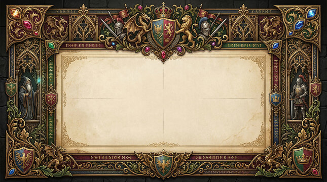 Medieval fantasy royal frame with crests knights and golden details for game menus or historical documents.