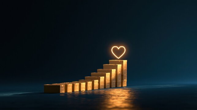 Neon heart glowing on top of a stack of cardboard boxes - shipping and charity concept