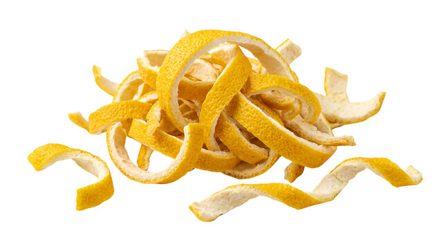 Fresh lemon zest curls, pile of organic citrus peel strips, yellow lemon skin shavings for cooking and cocktails isolated PNG with Transparent Background