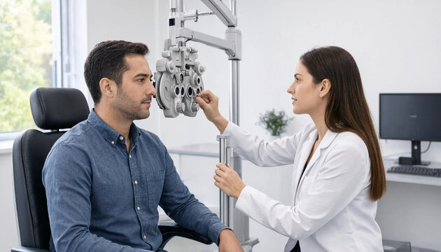 Female optometrist examining eyesight of male patient using phoropter machine in modern eye clinic with eye exam vision test doctor office eye care medical exam health check vision screen