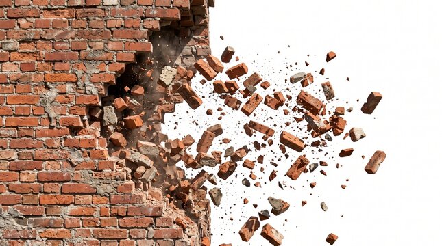 Collapsing red brick wall with flying debris, dramatic destruction scene in slow motion