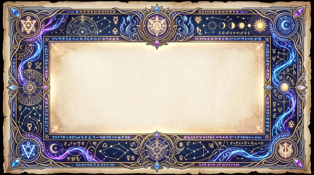 Mystical cosmic scroll frame with astrological symbols and glowing stars for magic themed backgrounds and book covers.
