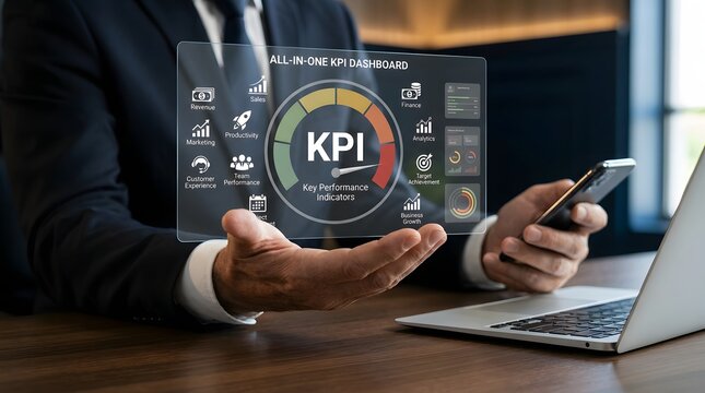 Man presenting a transparent kpi dashboard with business performance metrics