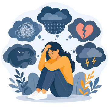 Depressed woman sitting with negative thoughts and mental health issues vector illustration