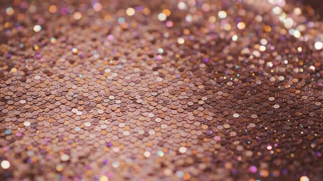 Shimmering close-up of rose gold sequins with sparkling bokeh effect, creating a luxurious backdrop