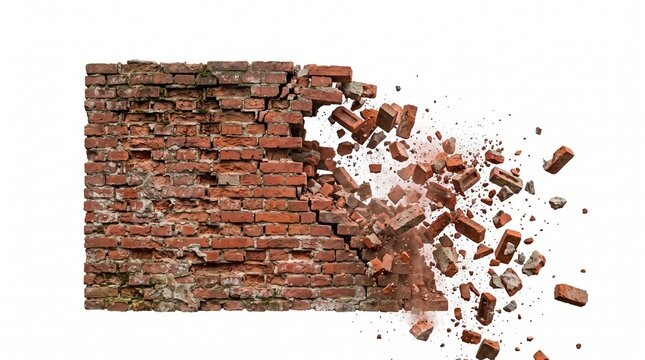 Old red brick wall partially collapsed with scattered debris on white background