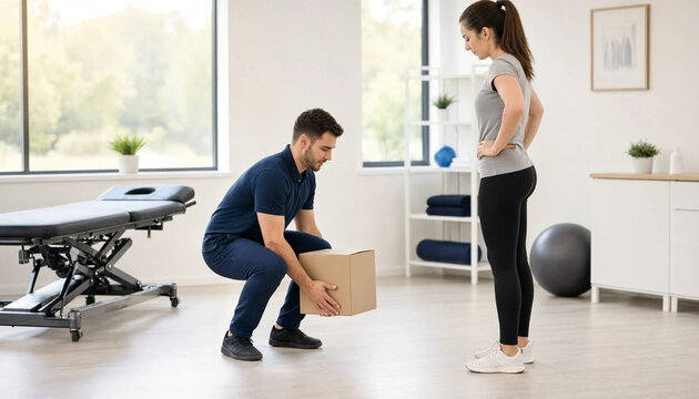 Physical therapist demonstrating correct lifting posture with a cardboard box to a female patient in a clinic physical therapy injury prevention back care correct form safe lifting