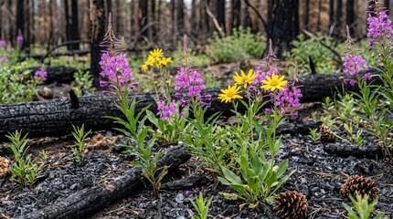 Fototapeta premium Vibrant flowers bloom amidst charred forest debris after a wildfire.