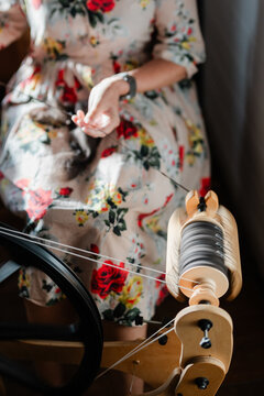 Handspun yarn on a modern traditional spinning wheel