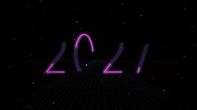 Neon glowing year 2027 display on retro futuristic synthwave grid with floating particles