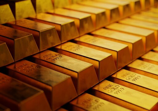 Gold bars in a pile close up