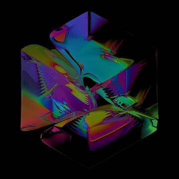 Abstract iridescent cube with distorted reflective surfaces.