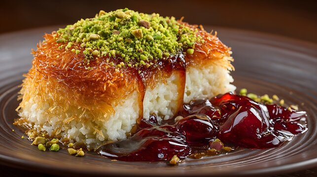 Kunafa pastry dessert topped with crushed pistachios and rich red berry sauce.