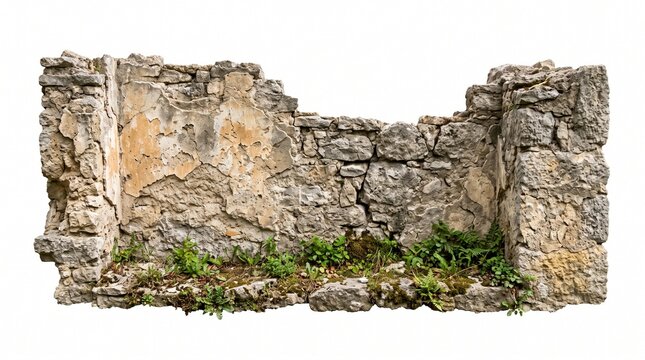 Weathered ancient stone wall with green moss and cracks, historical ruin texture