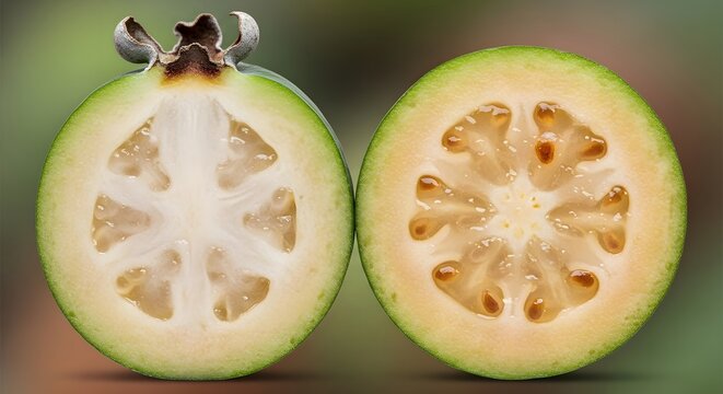 Two halved feijoas revealing juicy interior with vibrant seeds against a soft green blurred background studio lighting