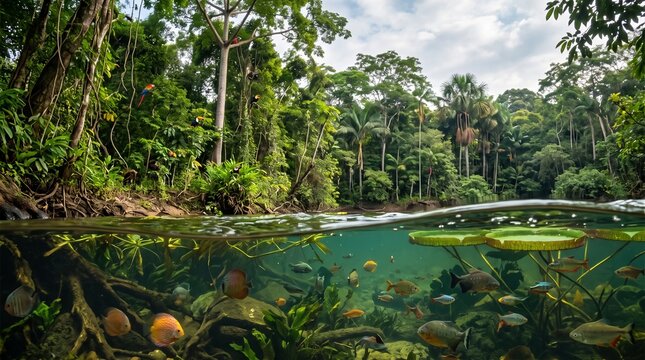Amazon rainforest ecosystem with diverse aquatic life and lush jungle scenery