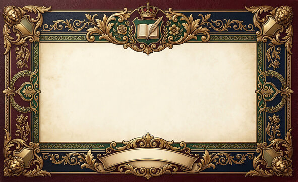 ornate vintage golden frame with crown and book emblem for elegant diploma or certificate border.