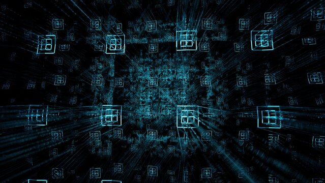 Interconnected geometric structures emerging from digital space.