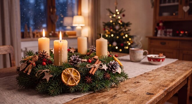 Weihnachtsdekoration mit brennenden Kerzen auf dem Tisch