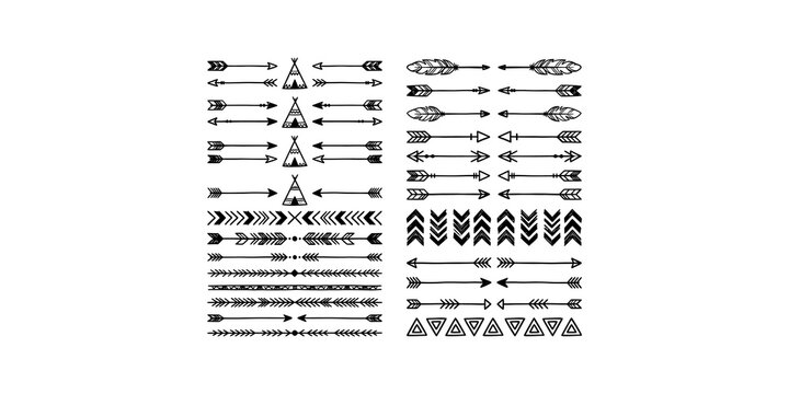 Native american arrows and teepee doodle design elements set for tribal and bohemian decoration.