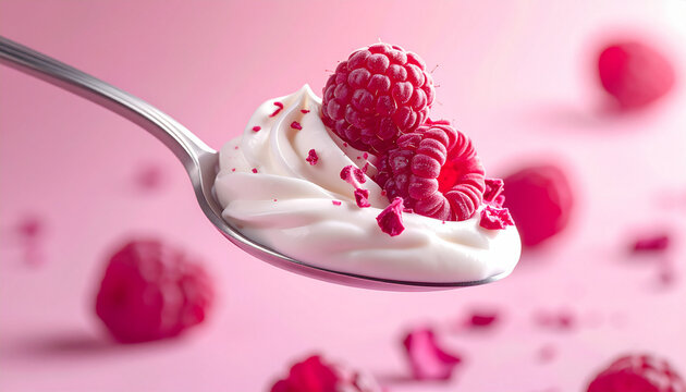 Thick Greek yogurt with fresh raspberry and crushed freeze-dried berry on a metal spoon