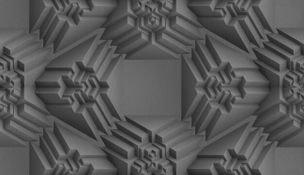 Decorative relief pattern built from modular geometric blocks.